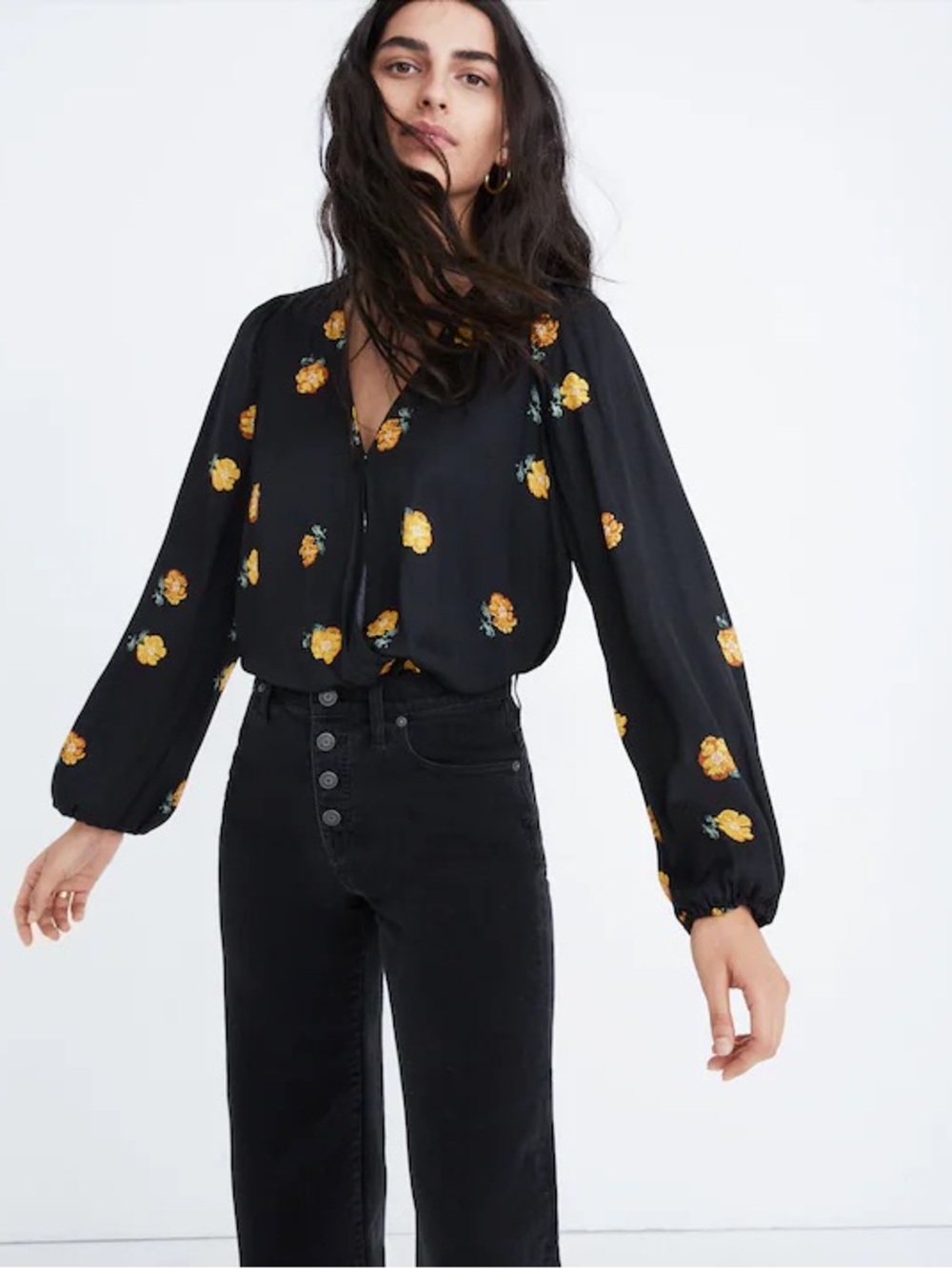 MADEWELL Bubble-Sleeve Wrap Top in Floating Florets S Black Floral